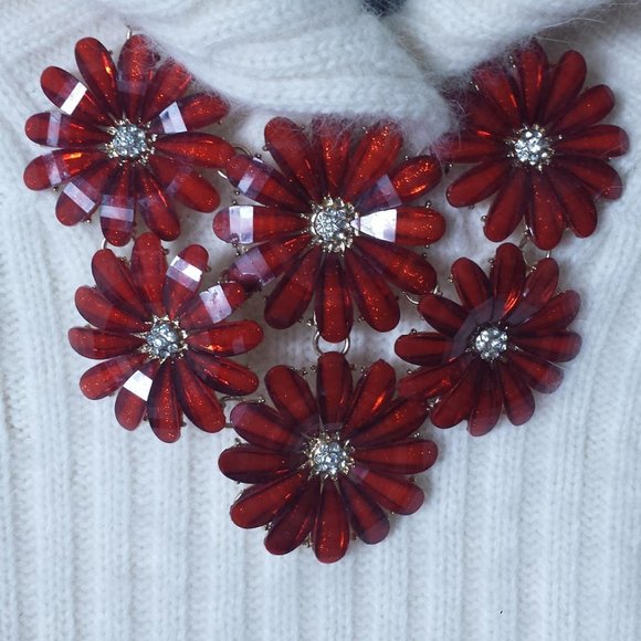 Statement Red Crystal Bead Flower Necklace Statement Runway - Picture 9 of 11